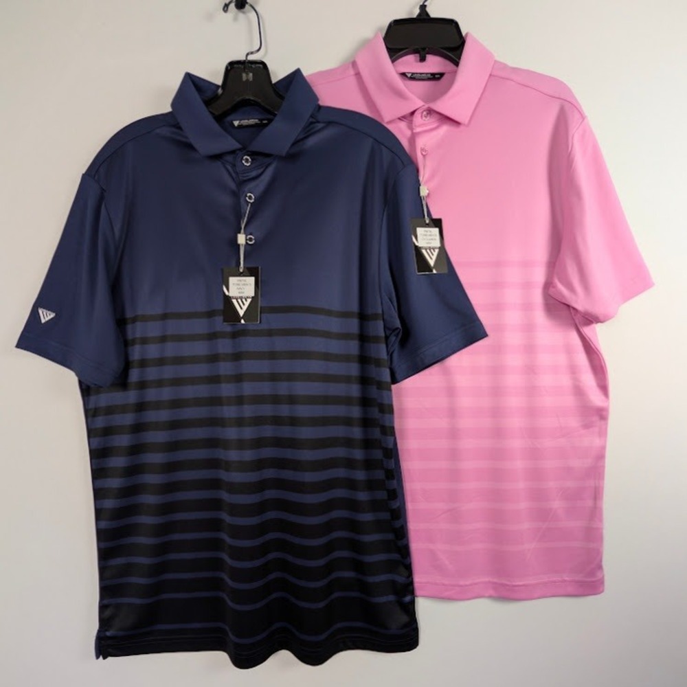 Levelwear Golf Polo Shirts Mens M Navy Blue & Pink Tonal Striped (Lot of 2) NWT